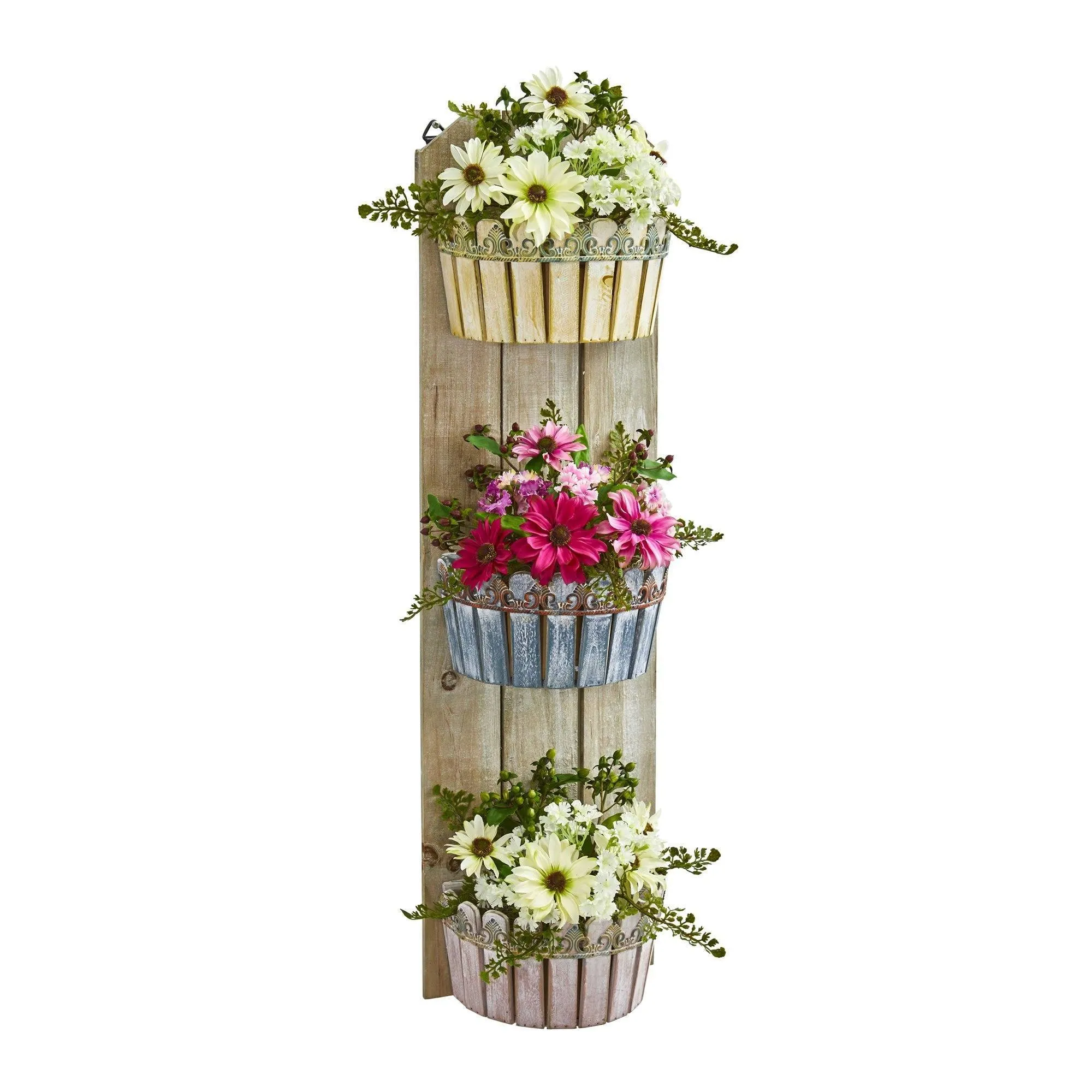 39” Mixed Daisy Artificial Plant in Three-Tiered Wall Decor Planter