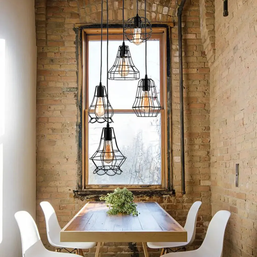 5-Head Vintage Caged Pendant Lighting with Unique Shades - Black Iron Ceiling Fixture for Table