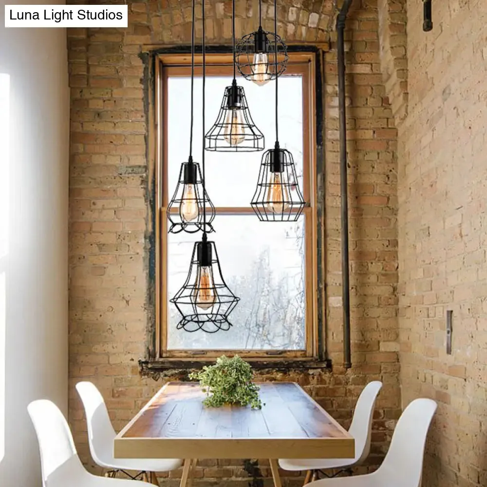 5-Head Vintage Caged Pendant Lighting with Unique Shades - Black Iron Ceiling Fixture for Table