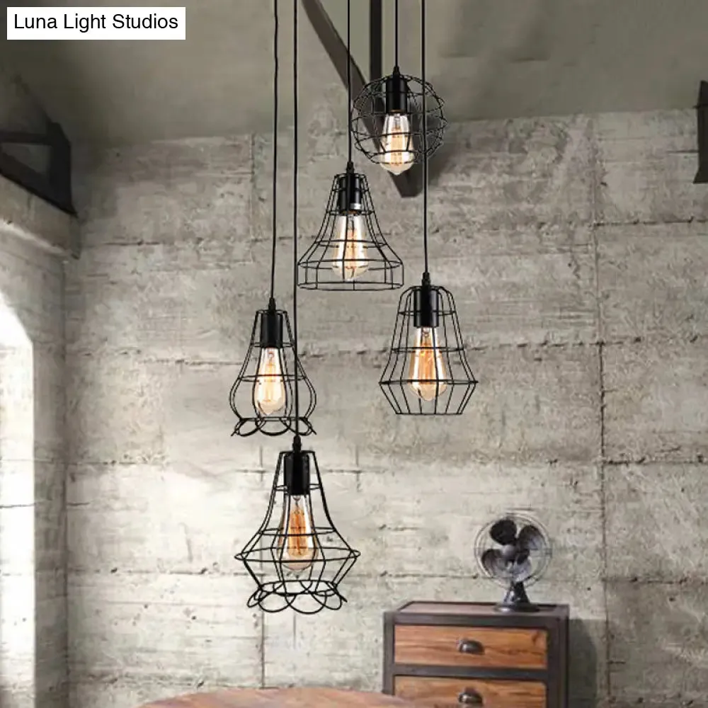 5-Head Vintage Caged Pendant Lighting with Unique Shades - Black Iron Ceiling Fixture for Table