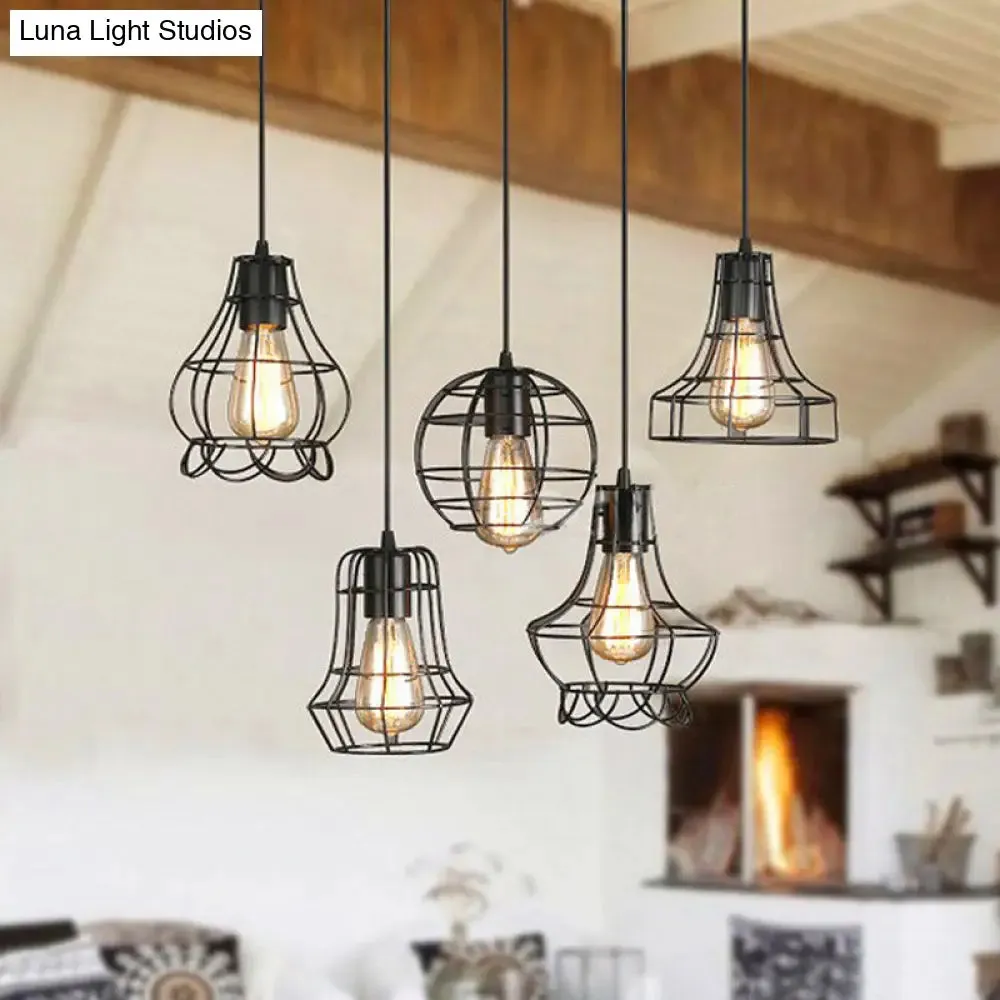 5-Head Vintage Caged Pendant Lighting with Unique Shades - Black Iron Ceiling Fixture for Table