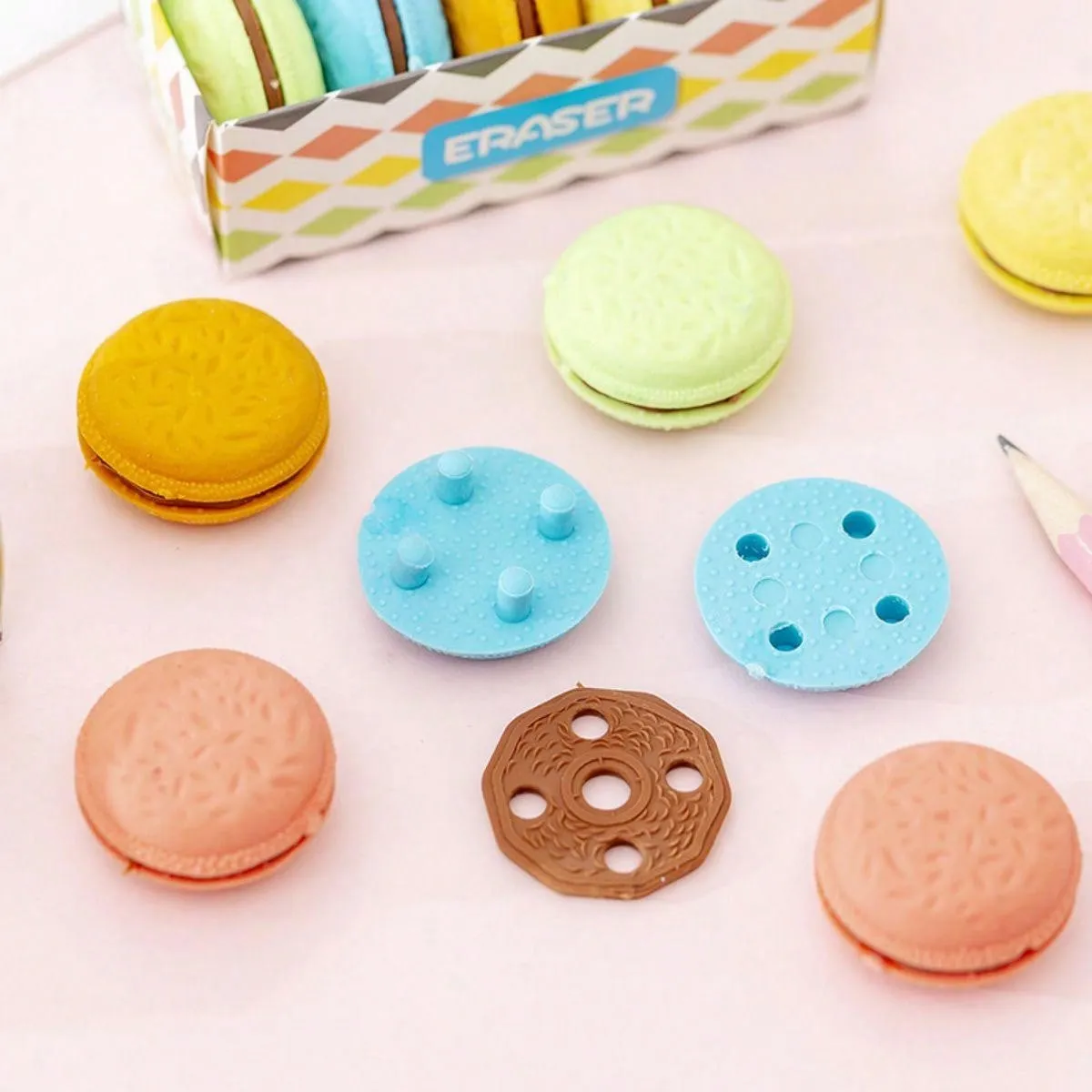 5pcs Creative Macaron Sandwich Biscuit Shaped Erasers, Cute Simulation Biscuit Erasers For Students' Study