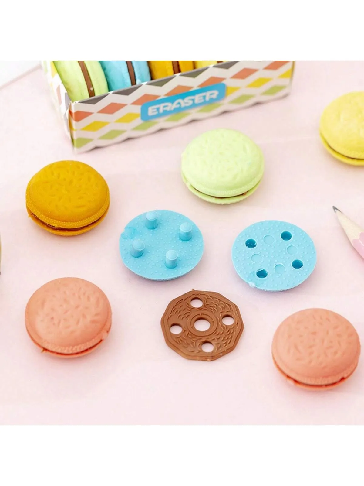 5pcs Creative Macaron Sandwich Biscuit Shaped Erasers, Cute Simulation Biscuit Erasers For Students' Study