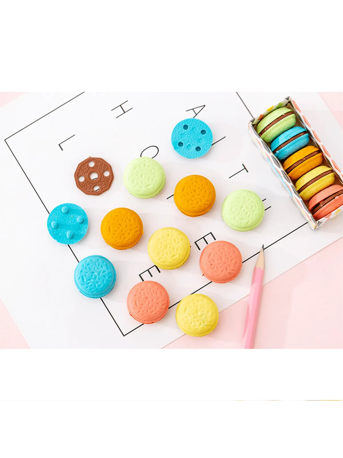 5pcs Creative Macaron Sandwich Biscuit Shaped Erasers, Cute Simulation Biscuit Erasers For Students' Study