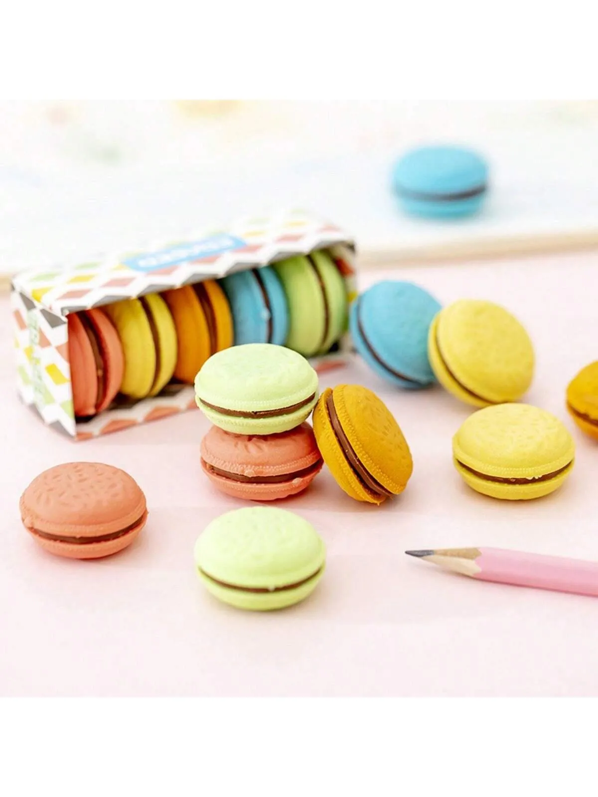 5pcs Creative Macaron Sandwich Biscuit Shaped Erasers, Cute Simulation Biscuit Erasers For Students' Study