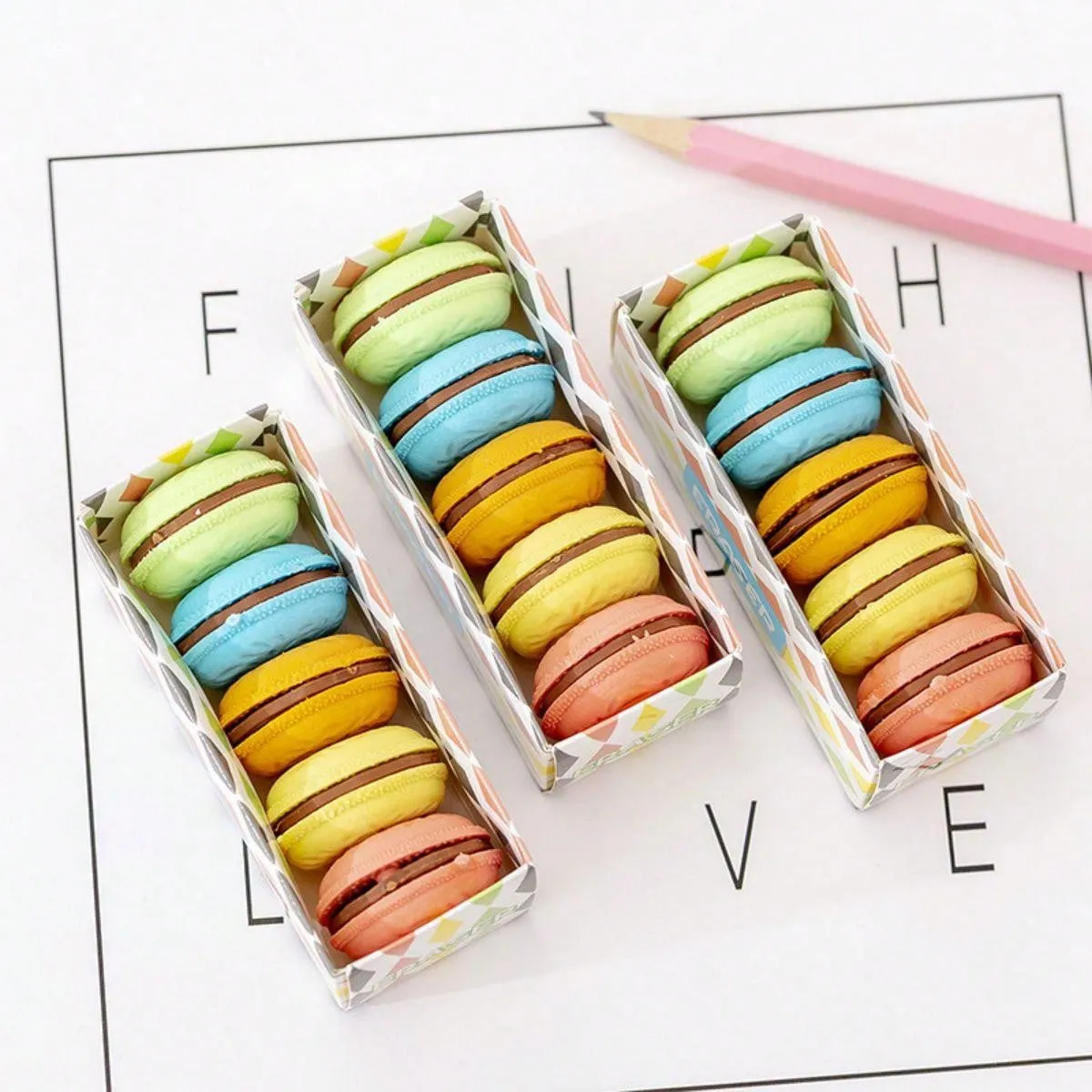 5pcs Creative Macaron Sandwich Biscuit Shaped Erasers, Cute Simulation Biscuit Erasers For Students' Study