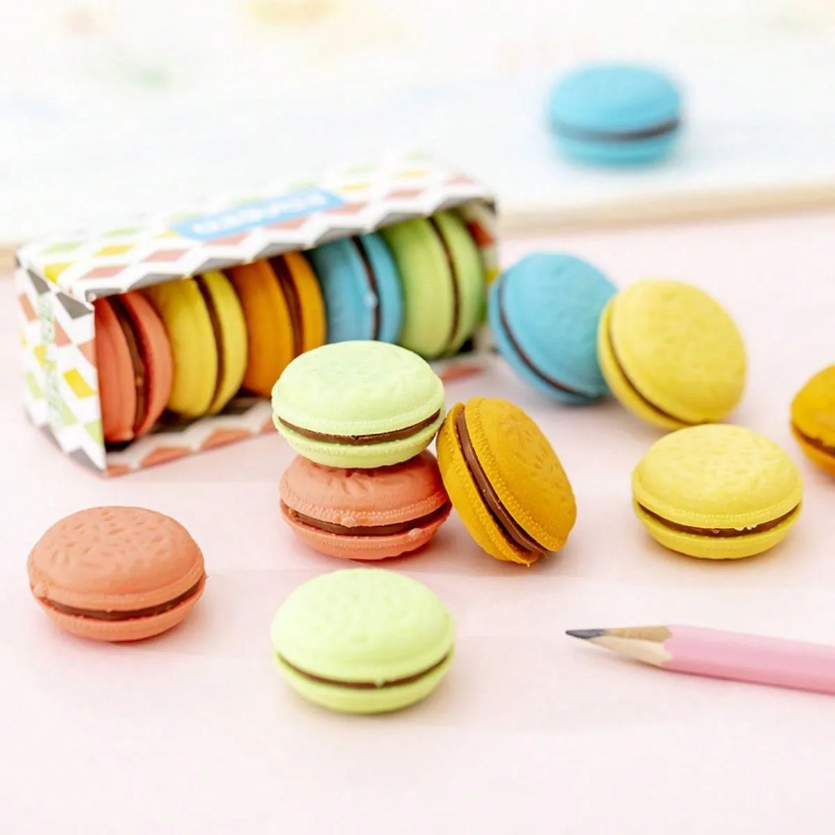 5pcs Creative Macaron Sandwich Biscuit Shaped Erasers, Cute Simulation Biscuit Erasers For Students' Study