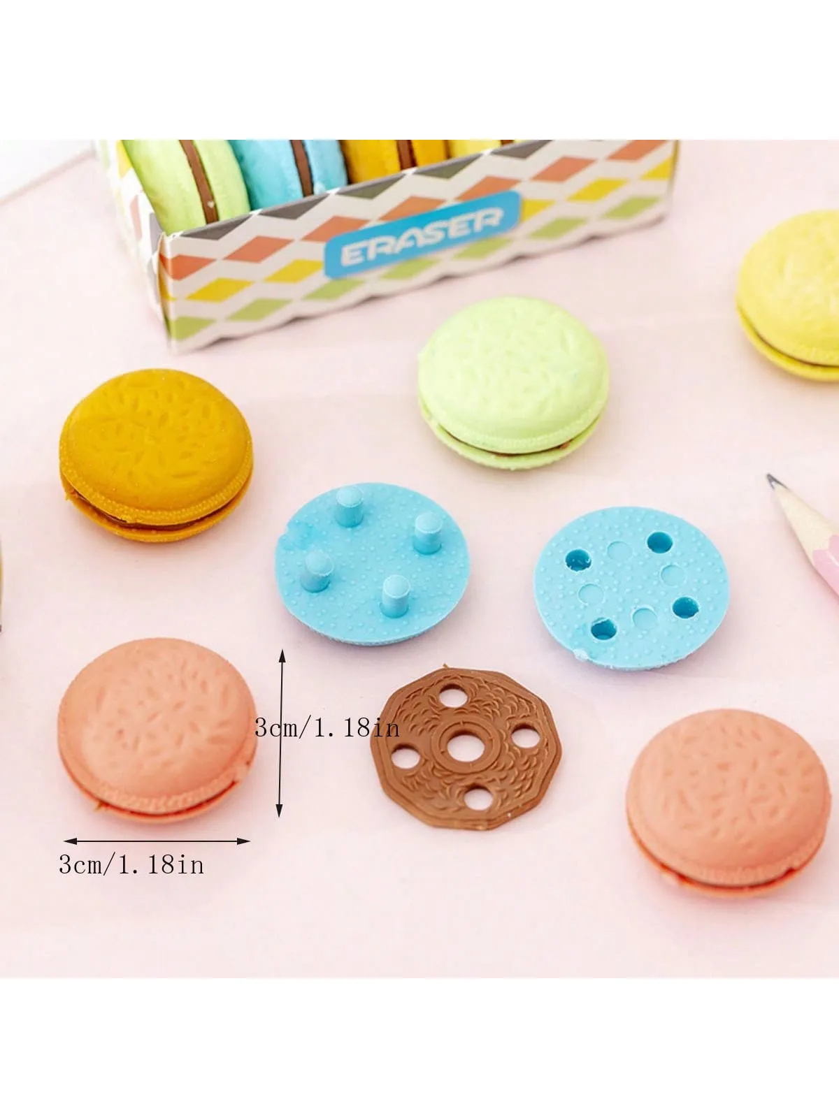 5pcs Creative Macaron Sandwich Biscuit Shaped Erasers, Cute Simulation Biscuit Erasers For Students' Study