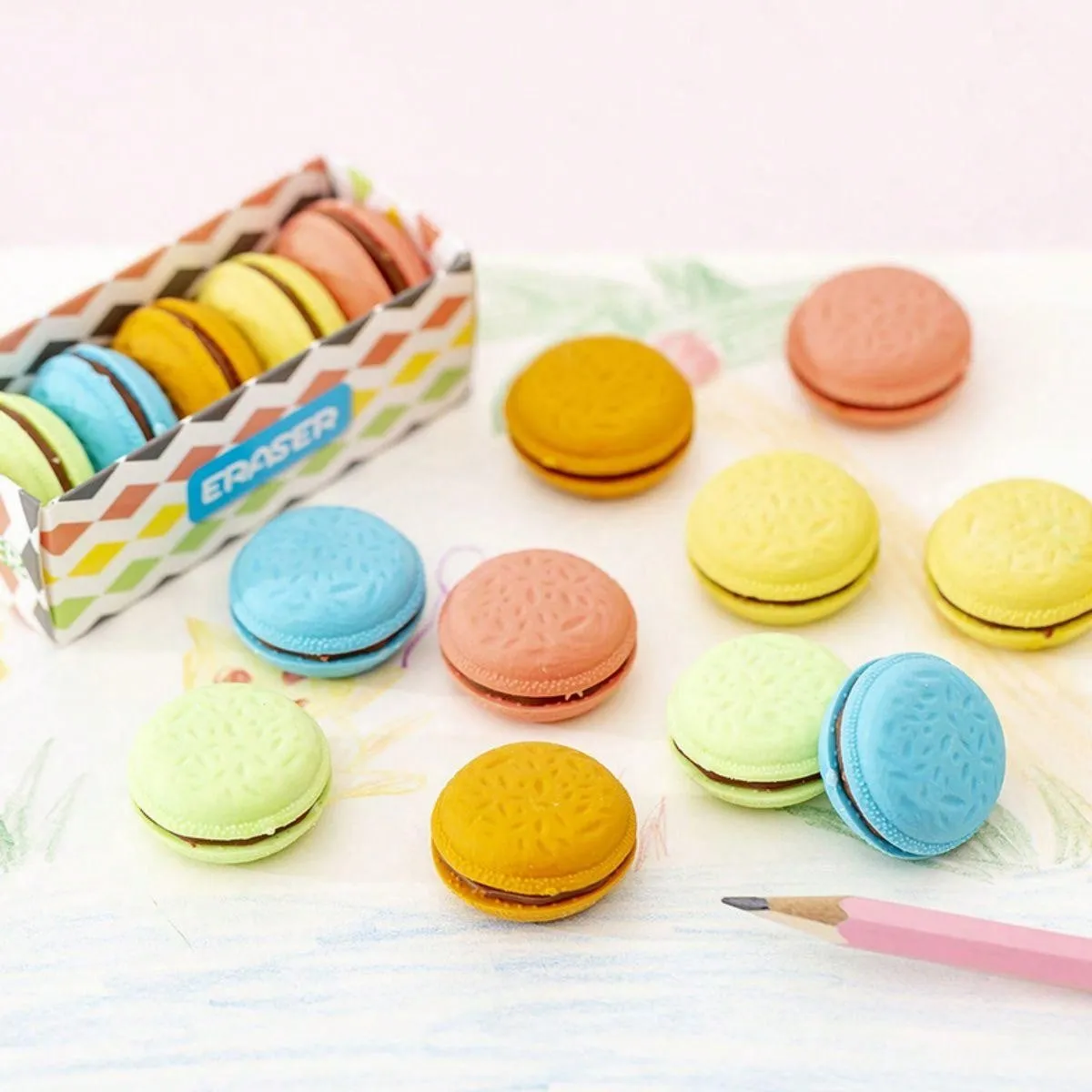 5pcs Creative Macaron Sandwich Biscuit Shaped Erasers, Cute Simulation Biscuit Erasers For Students' Study