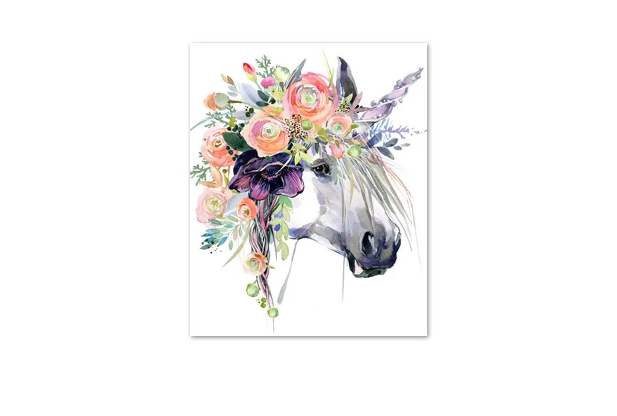 A Unicorn with Flowers | Kids Wall Art Print