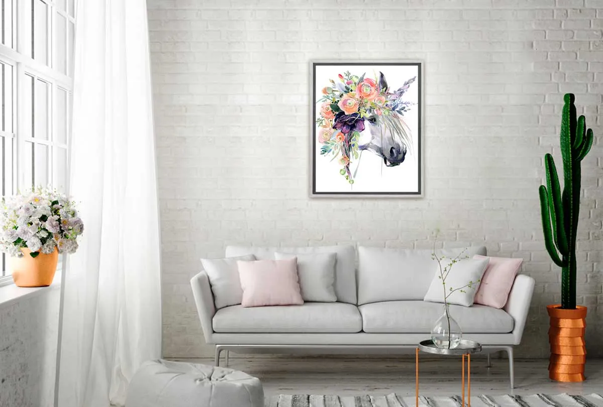 A Unicorn with Flowers | Kids Wall Art Print