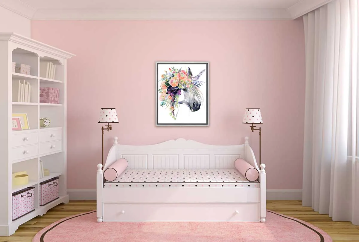 A Unicorn with Flowers | Kids Wall Art Print