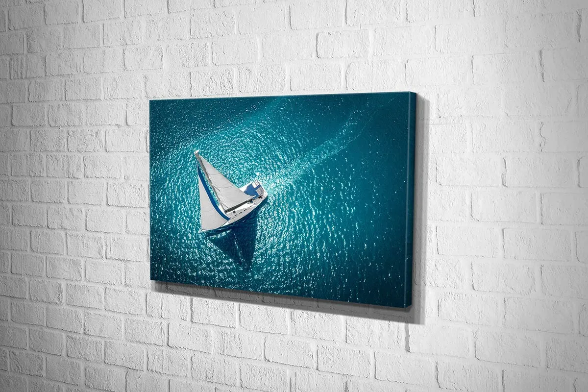 Aerial White Yacht on Turquoise Sea | Canvas Wall Art Print