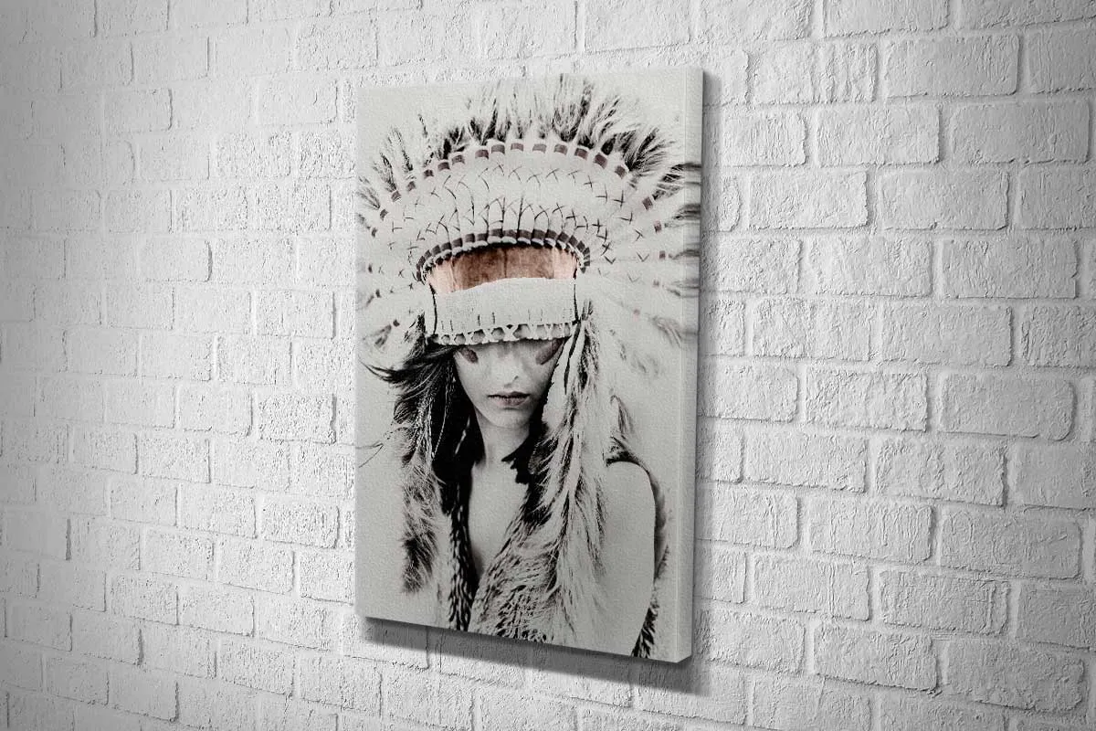 Beautiful Woman in Feather Headdress | Canvas Wall Art Print