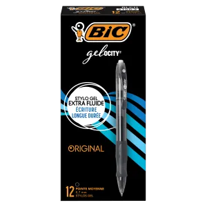 BIC Gelocity Original Black Gel Pens, Medium Point (0.7mm), 12 Pack, Retractable with Comfort Grip (RLC11)