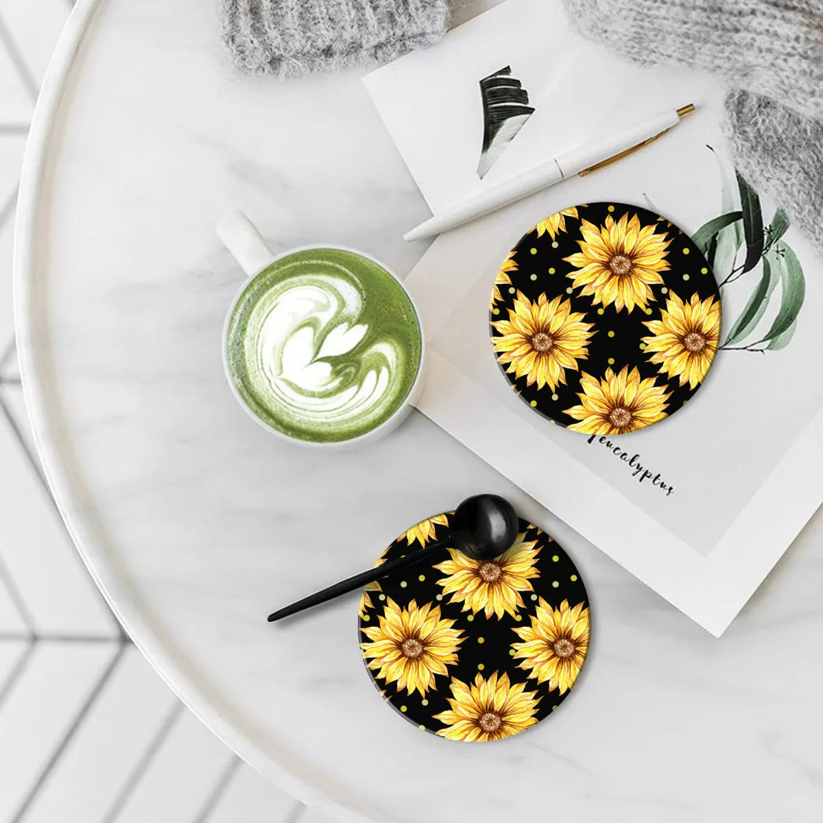 Black Coaster Set with Yellow Sunflowers