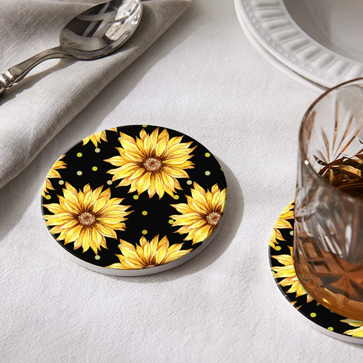 Black Coaster Set with Yellow Sunflowers