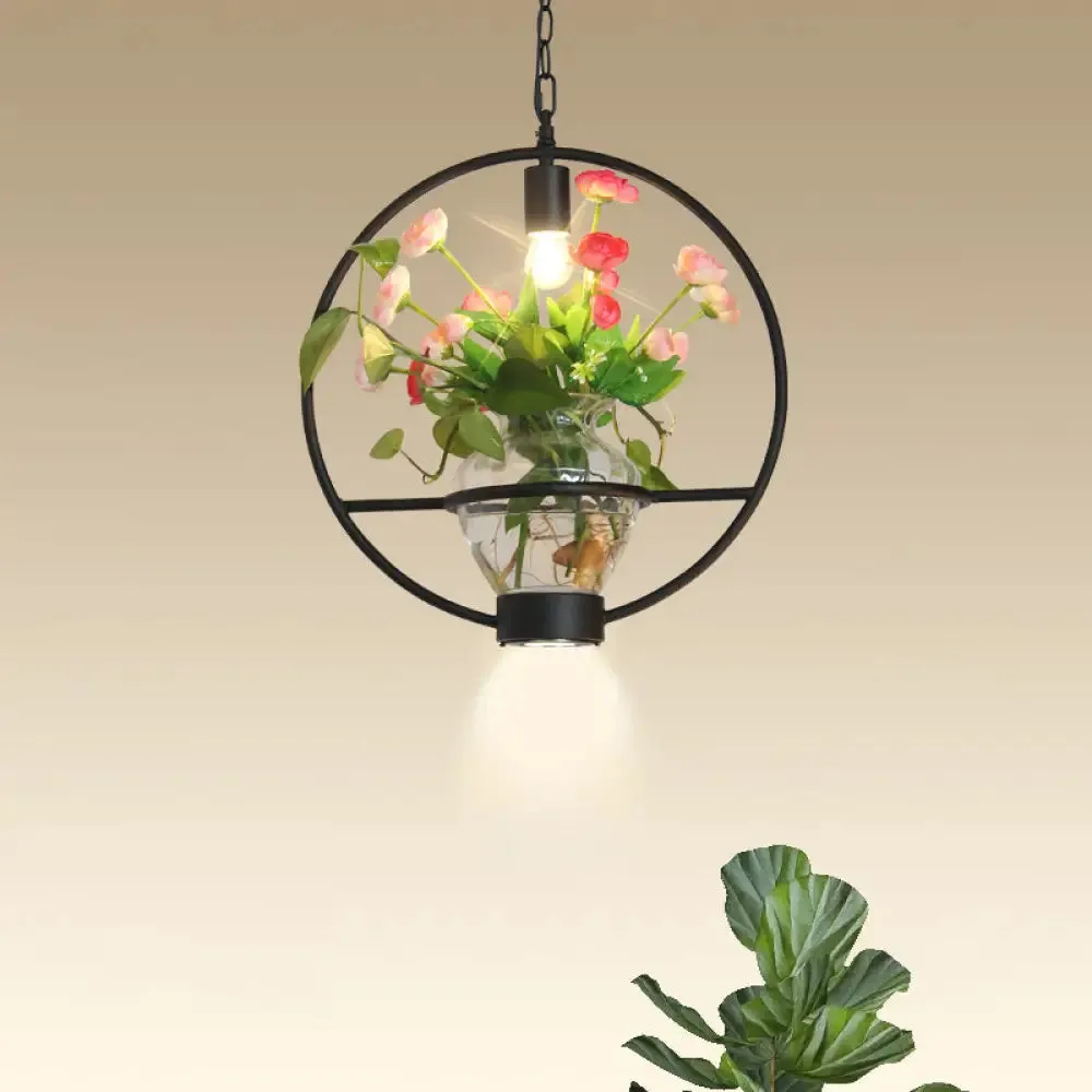 Black Industrial Iron Pendant with Clear Glass Plant Pot: 1 Light Down Lighting Cage Design