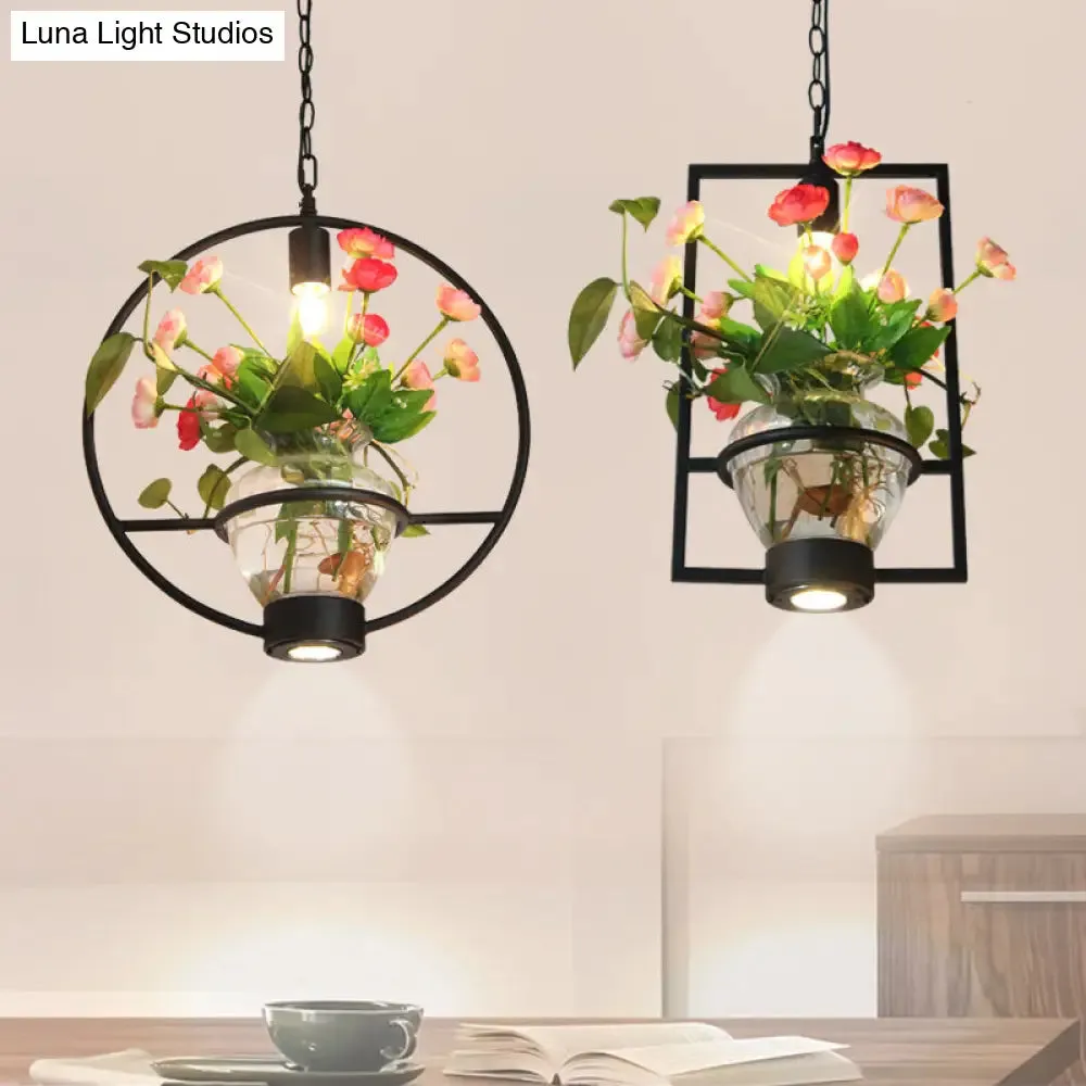 Black Industrial Iron Pendant with Clear Glass Plant Pot: 1 Light Down Lighting Cage Design