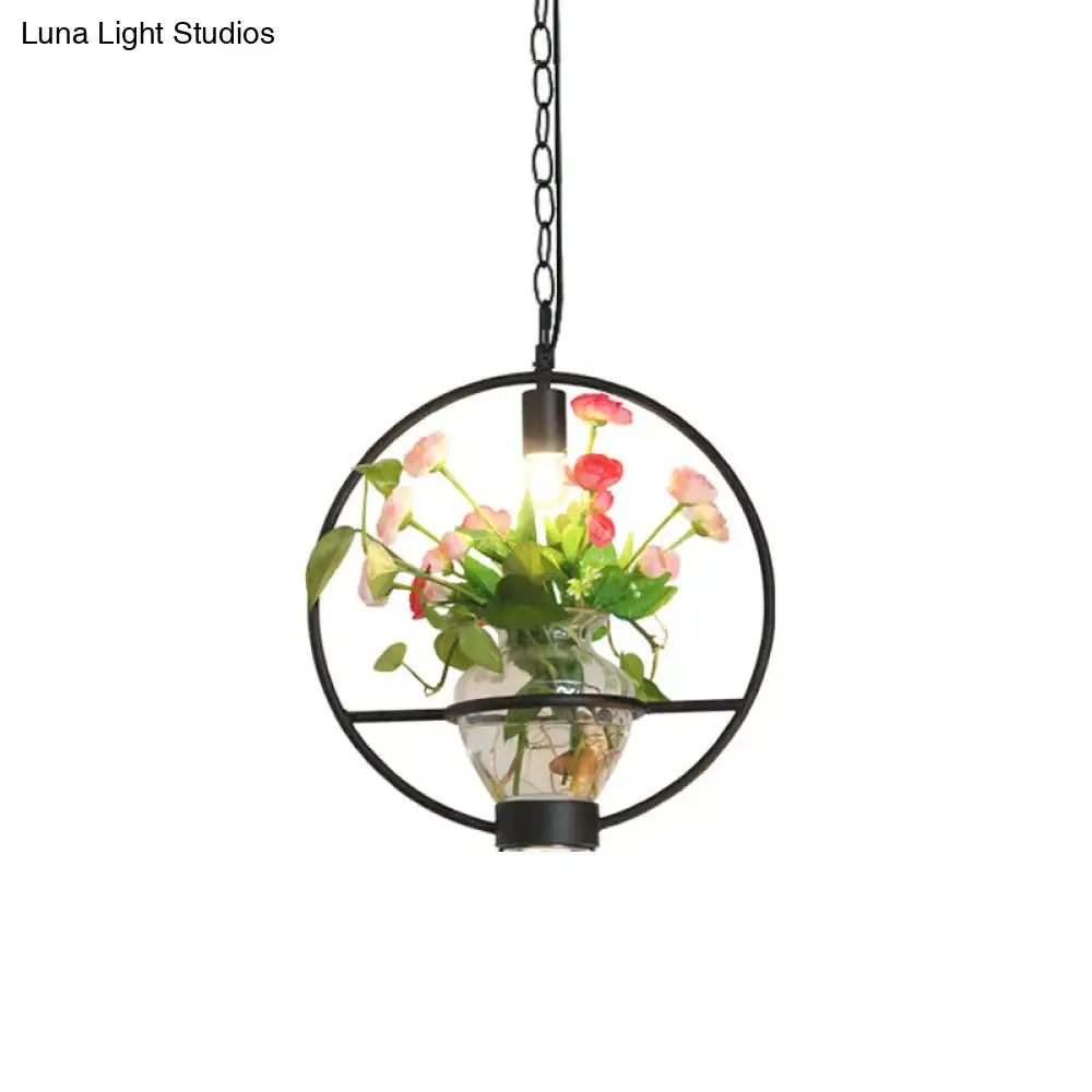 Black Industrial Iron Pendant with Clear Glass Plant Pot: 1 Light Down Lighting Cage Design