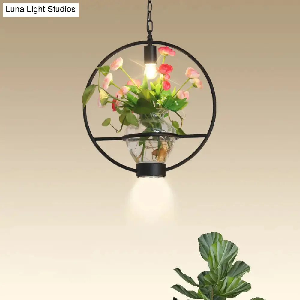 Black Industrial Iron Pendant with Clear Glass Plant Pot: 1 Light Down Lighting Cage Design