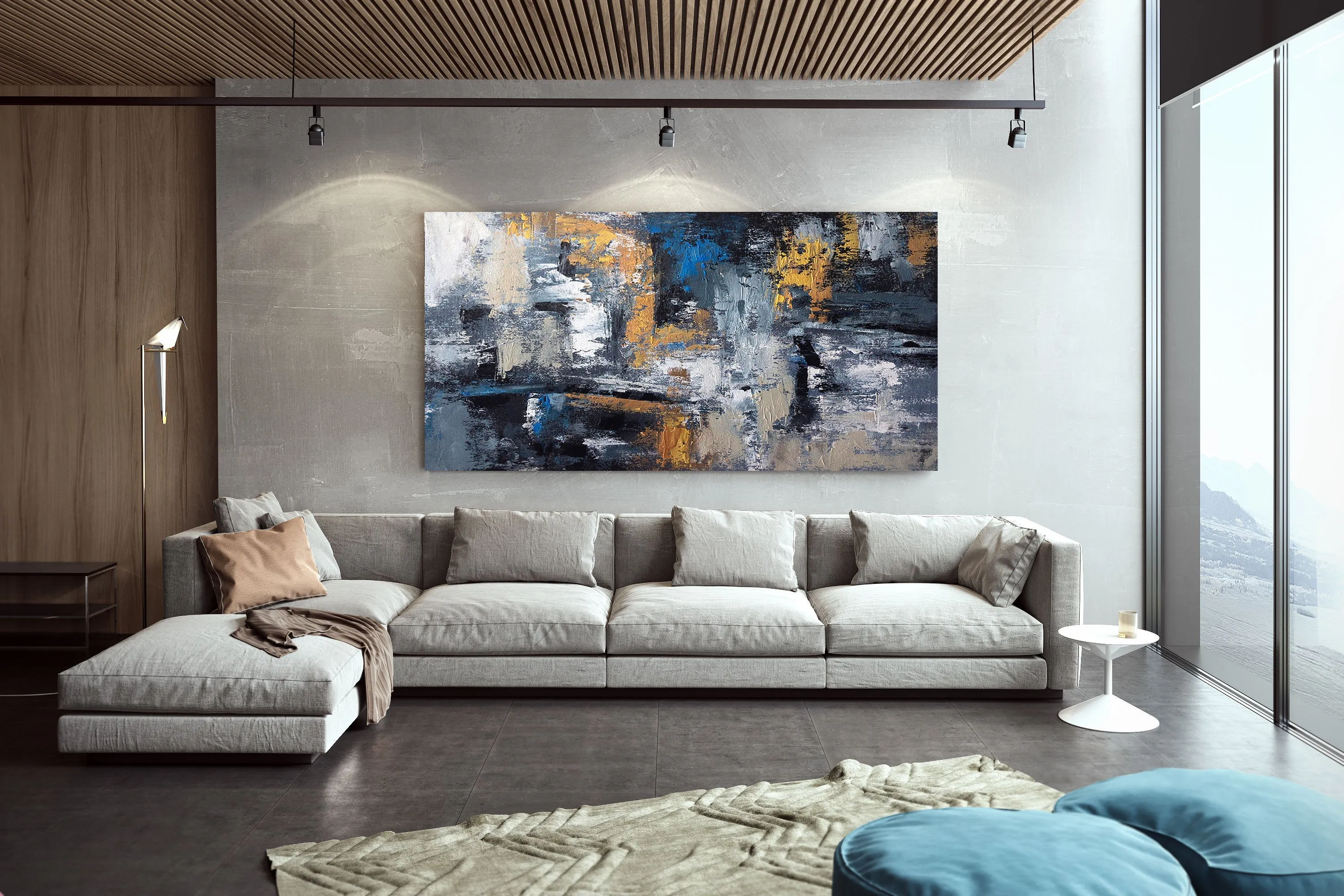 Blue Gold Abstract Wall Art,Industrial Decor,Living Room Wall Art Dp029