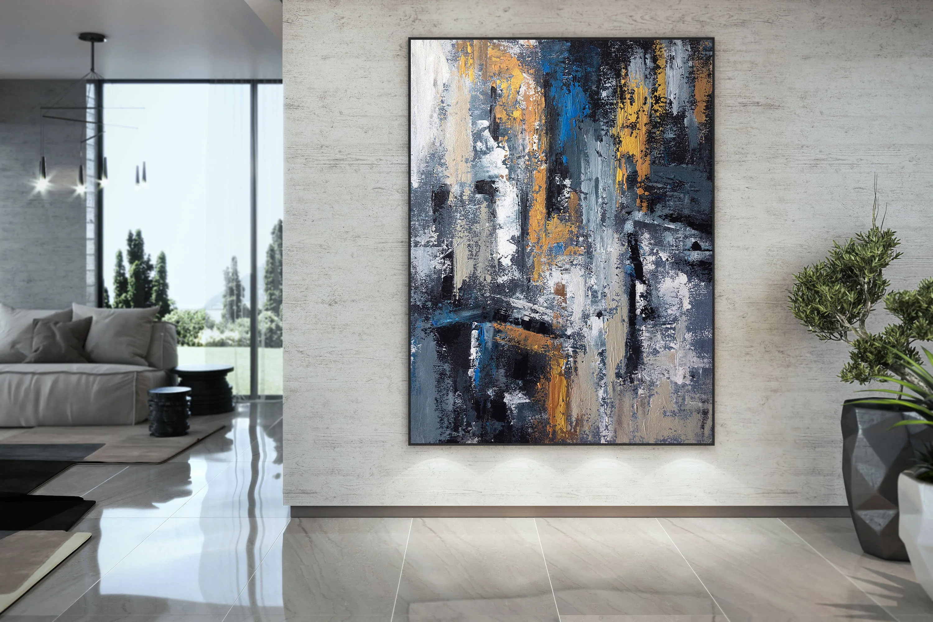 Blue Gold Abstract Wall Art,Industrial Decor,Living Room Wall Art Dp029