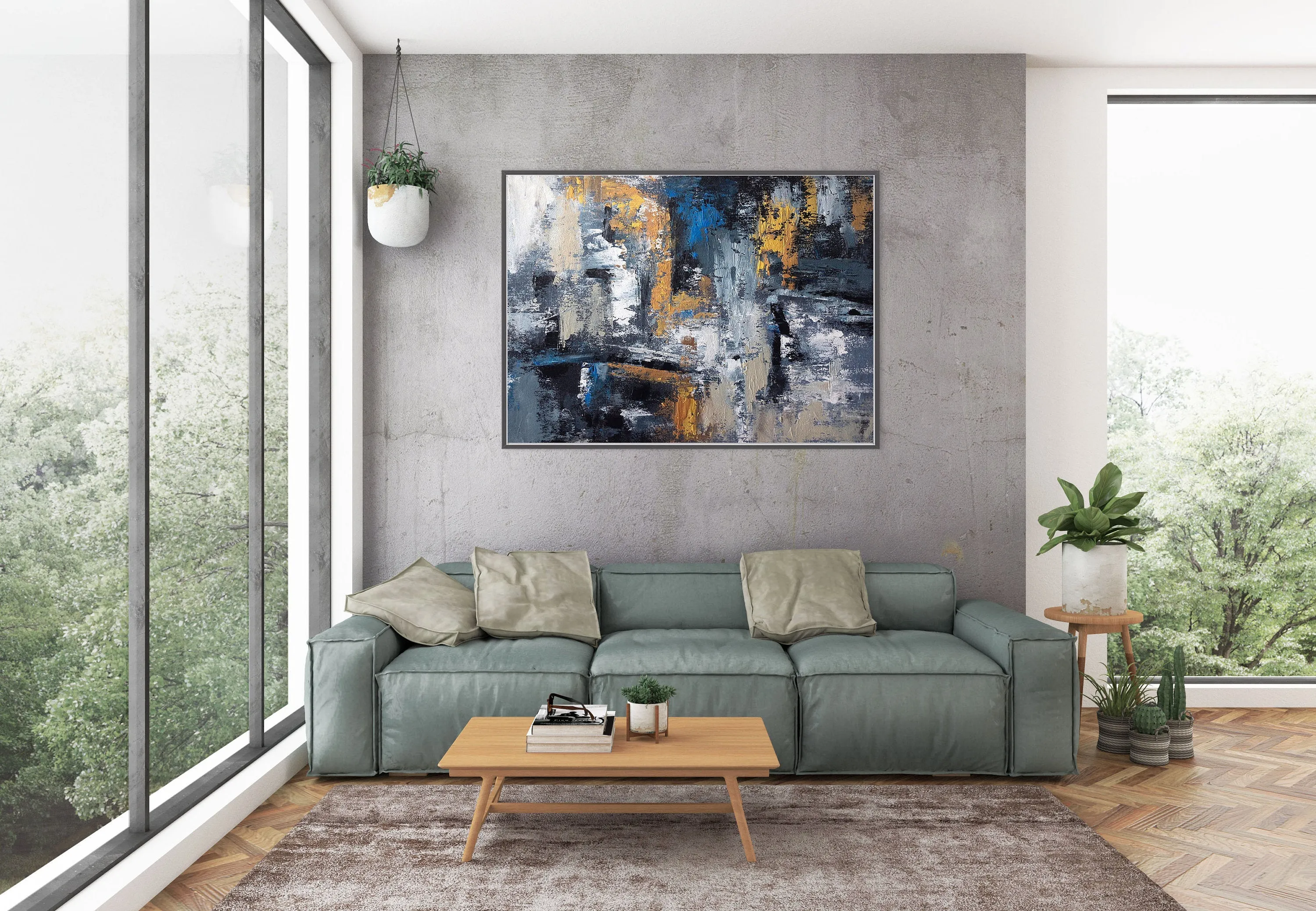 Blue Gold Abstract Wall Art,Industrial Decor,Living Room Wall Art Dp029