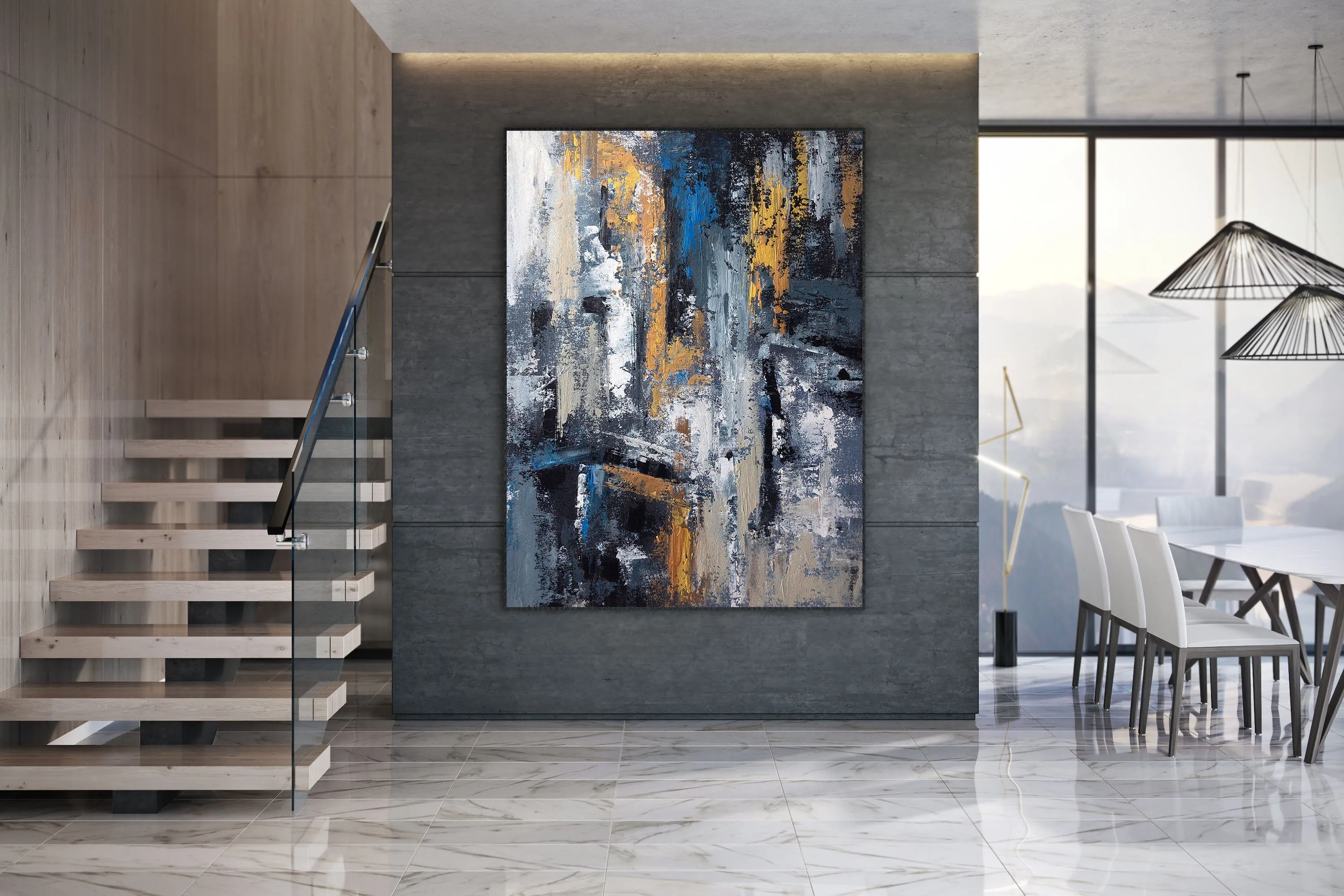 Blue Gold Abstract Wall Art,Industrial Decor,Living Room Wall Art Dp029