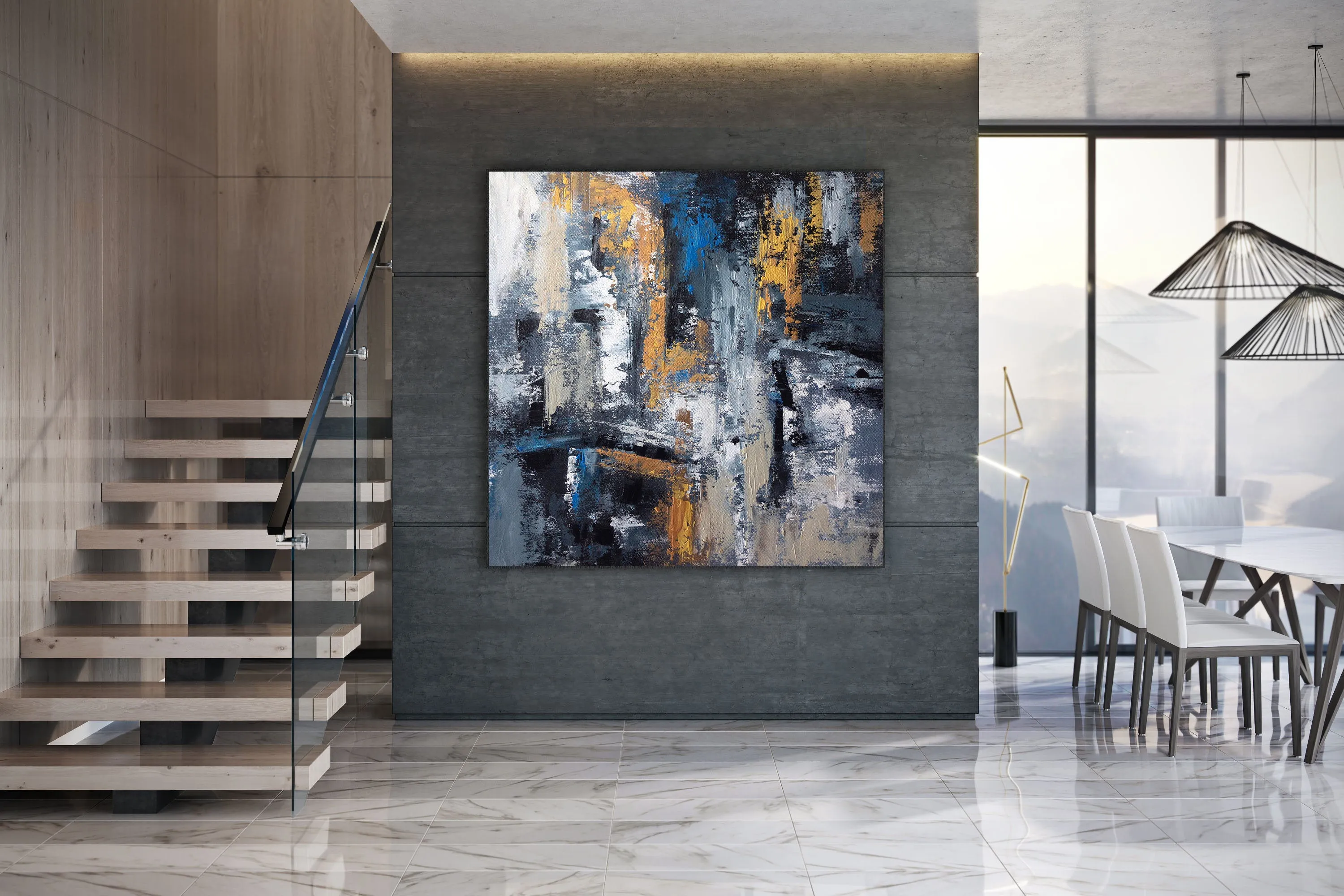 Blue Gold Abstract Wall Art,Industrial Decor,Living Room Wall Art Dp029