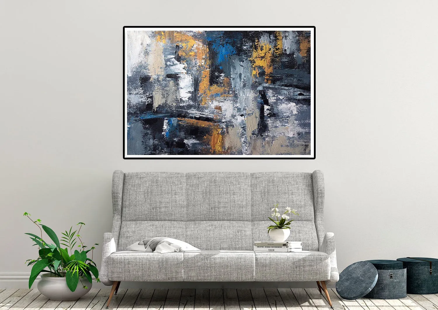 Blue Gold Abstract Wall Art,Industrial Decor,Living Room Wall Art Dp029