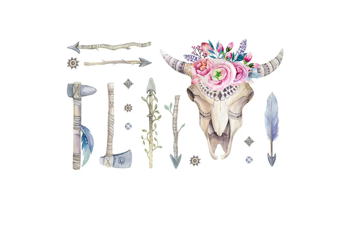 Boho Floral Skull & Arrows | Canvas Wall Art Print