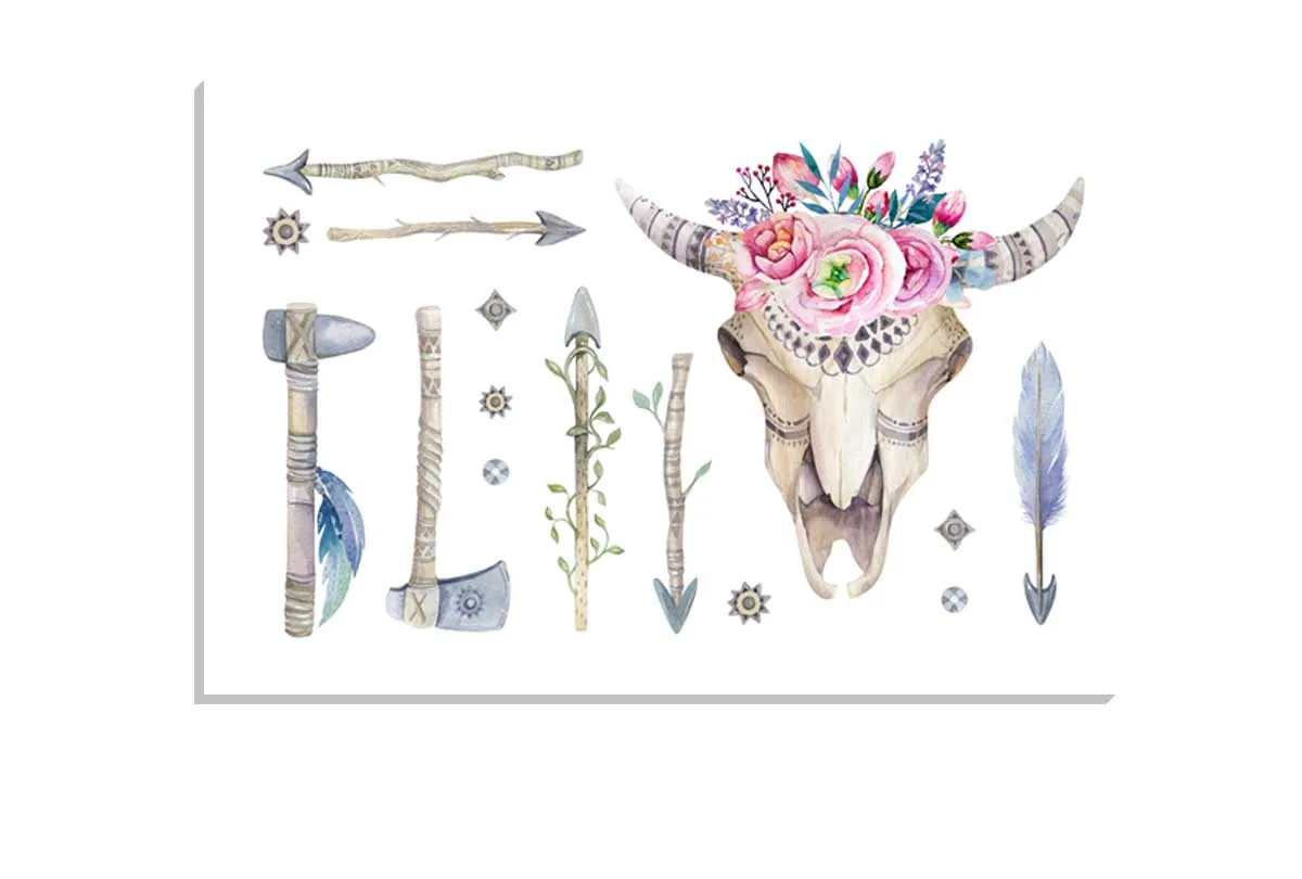 Boho Floral Skull & Arrows | Canvas Wall Art Print