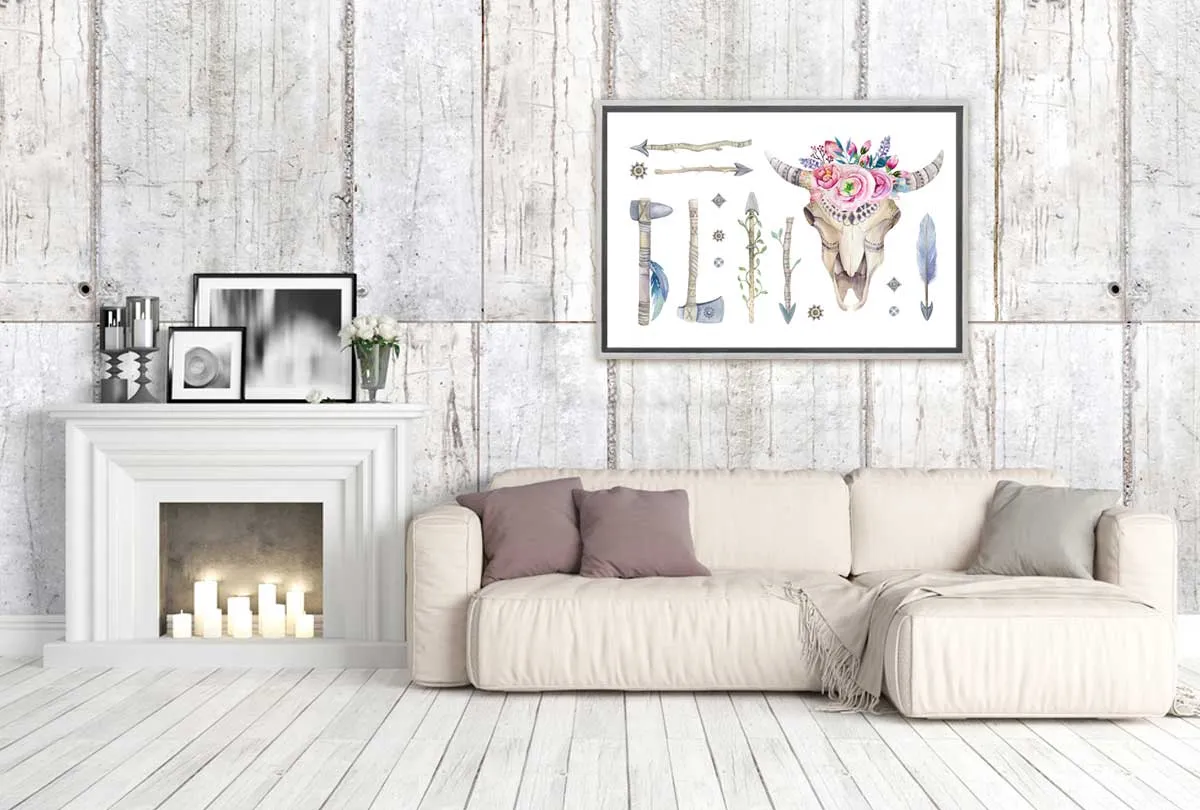 Boho Floral Skull & Arrows | Canvas Wall Art Print