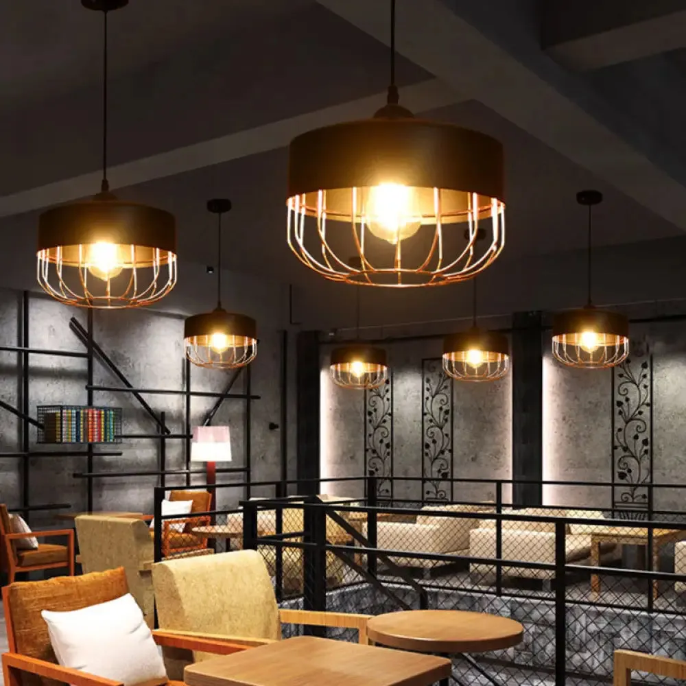 Cage Restaurant Ceiling Light - Warehouse-Style Black Iron Suspension Lighting