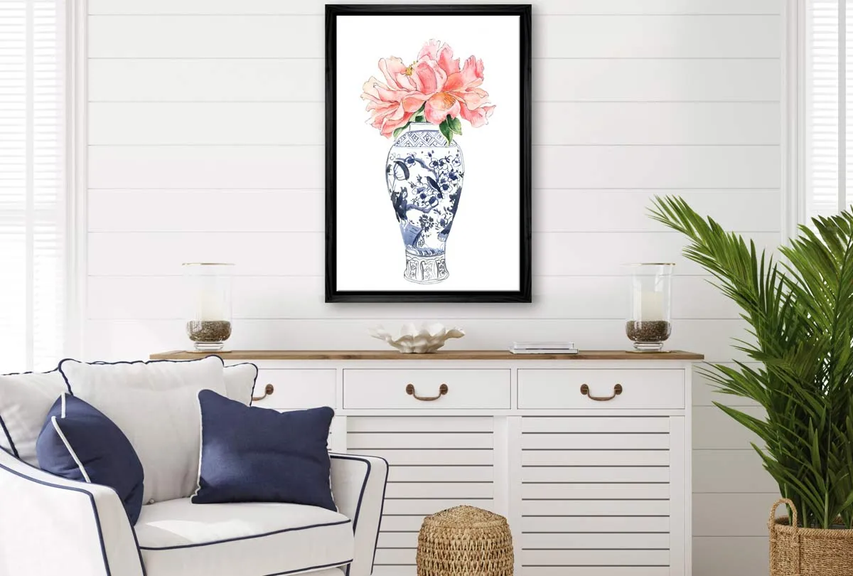 Chinoiserie Vase with Flowers | Hamptons Canvas Wall Art Print