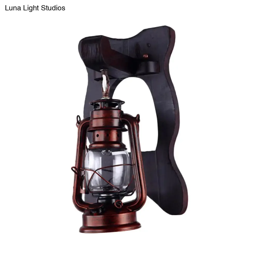 Copper Industrial Wall Sconce with Clear Glass Lantern and Wooden Backplate