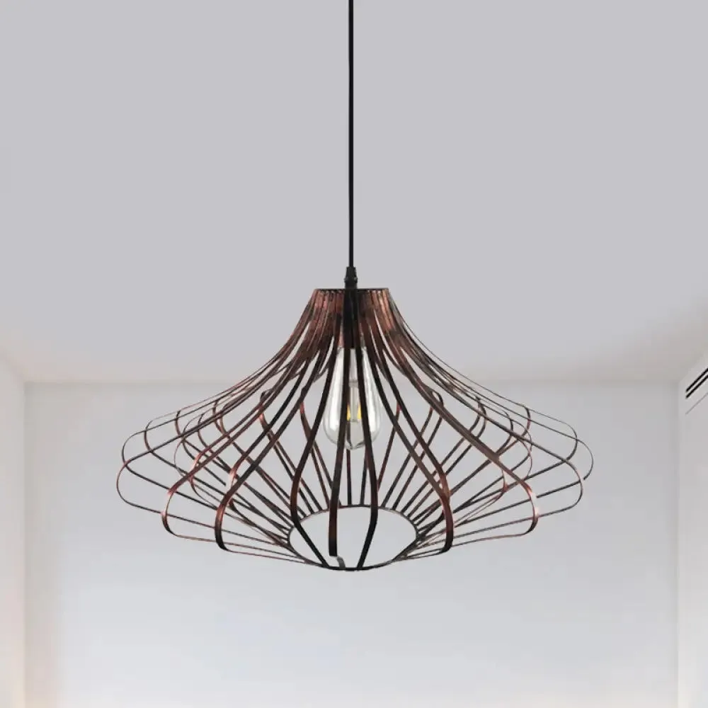 Country Style Wire Cage Pendant Lamp - Metal 1 Light Brass/Rust Ceiling Light - Adjustable Cord