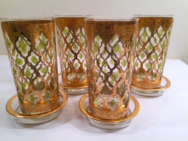 Culver Signed Mid-Century Valencia Green & 22-Karat Gold 8-Piece Bar Set With Carrier (Set of 4 Glasses,  4 Coasters, Carrier)