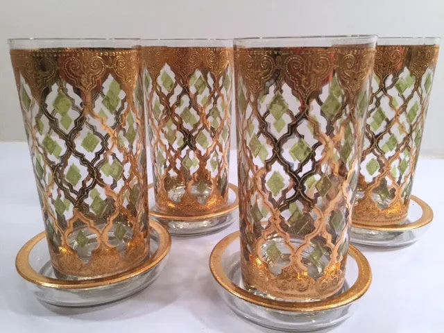 Culver Signed Mid-Century Valencia Green & 22-Karat Gold 8-Piece Bar Set With Carrier (Set of 4 Glasses,  4 Coasters, Carrier)