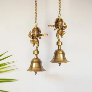 Dancing Ganpati Hand-Etched Decorative Hanging Bell In Brass (Set of 2)