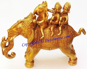 Ganesha Riding Elephant with Two Consorts Riddhi and Siddhi brass idol