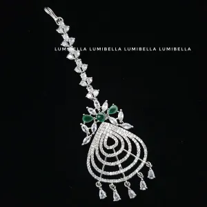 Green & White Zircon Style Single Layer Maang Tikka