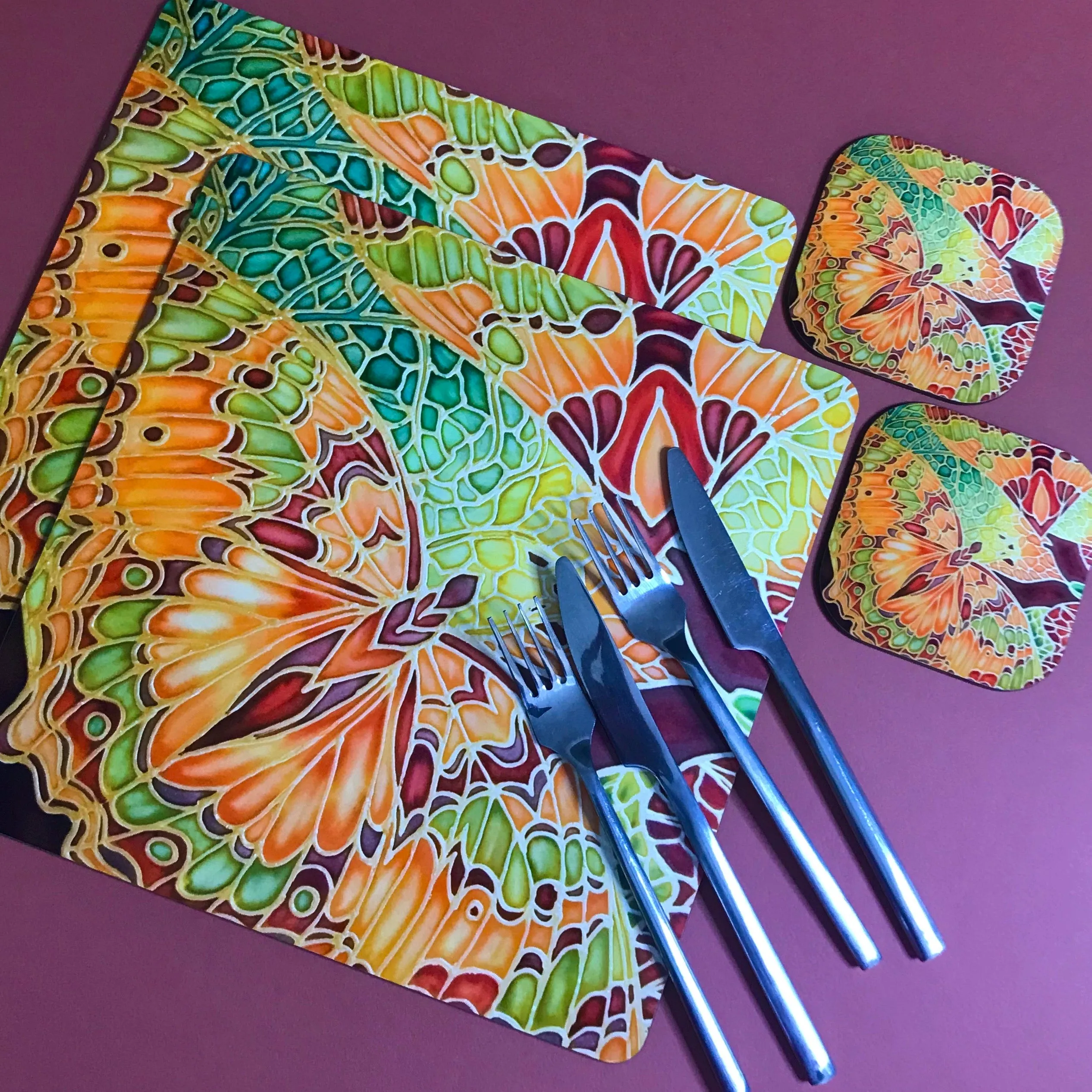 Green Caramel Kaleidascope Butterfly Table Mats & Coasters - Kaleidascope Butterfly Table Mats