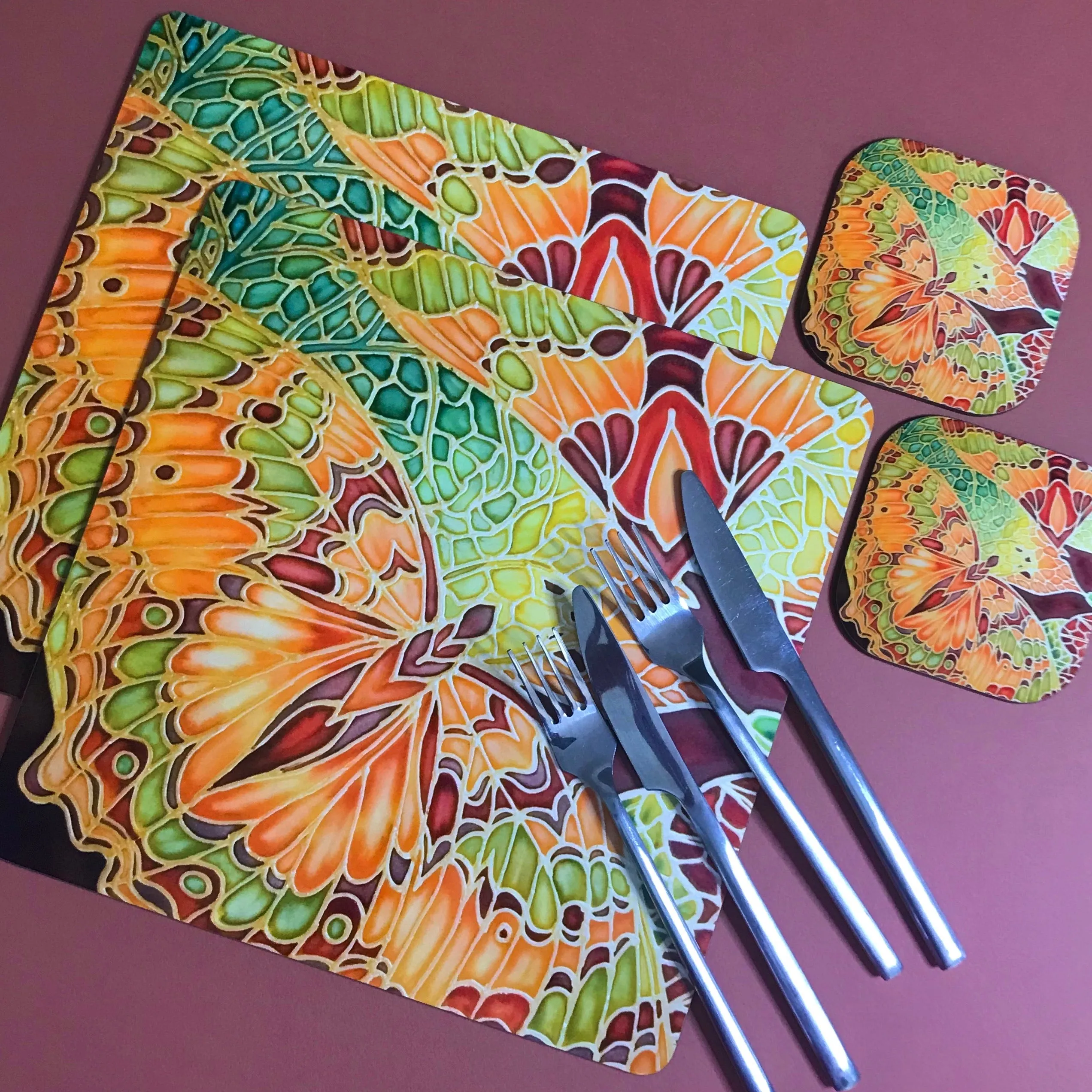 Green Caramel Kaleidascope Butterfly Table Mats & Coasters - Kaleidascope Butterfly Table Mats