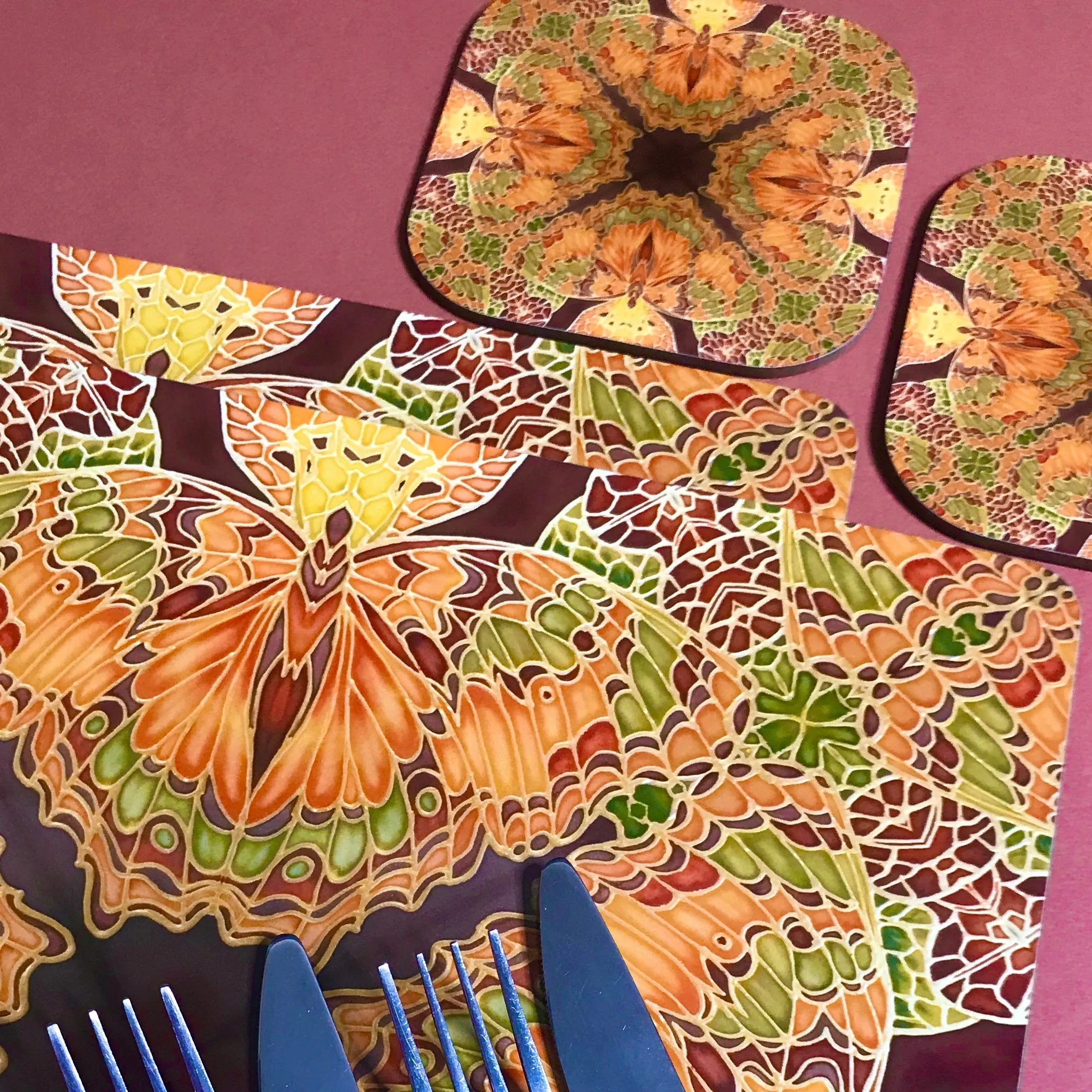 Green Caramel Kaleidascope Butterfly Table Mats & Coasters - Kaleidascope Butterfly Table Mats