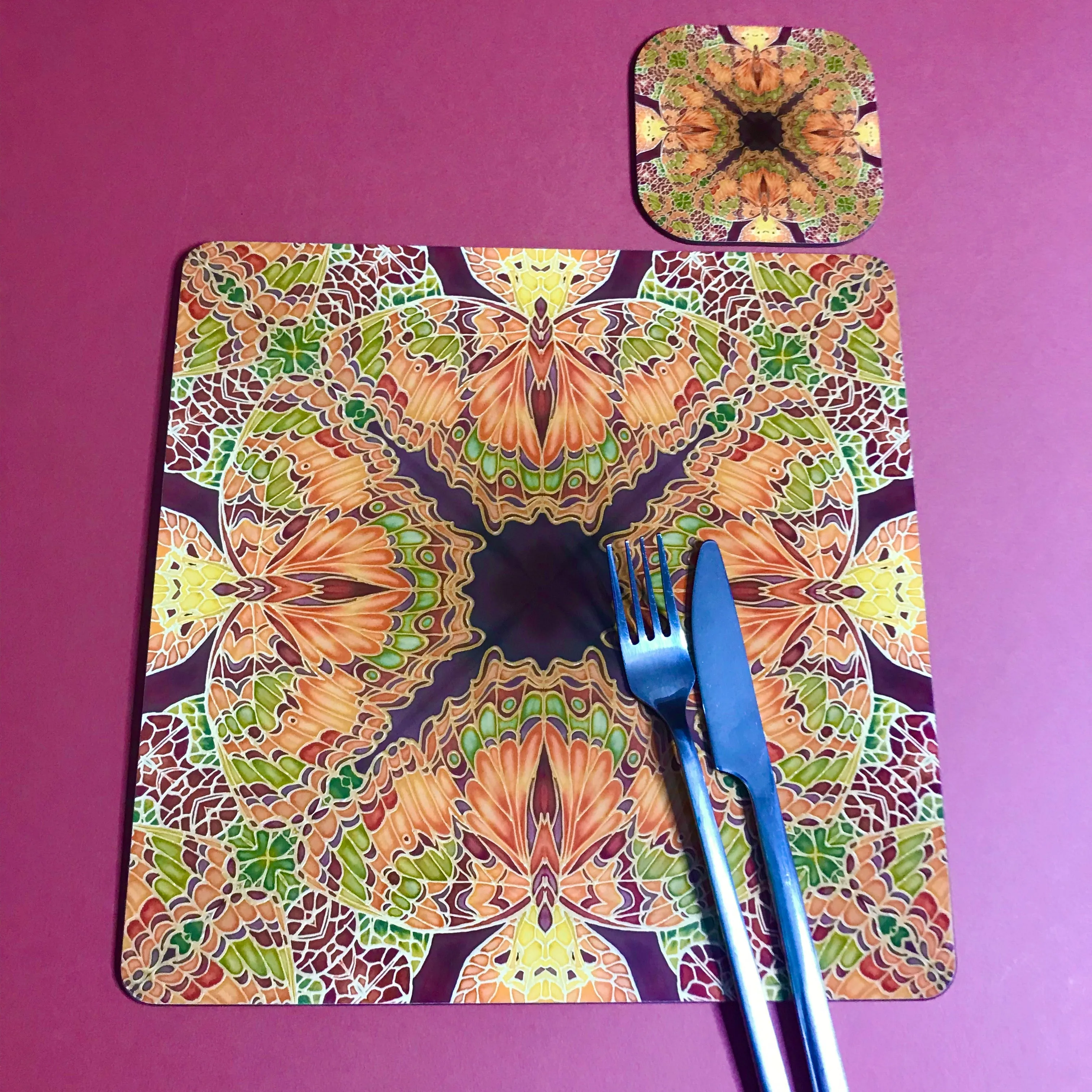 Green Caramel Kaleidascope Butterfly Table Mats & Coasters - Kaleidascope Butterfly Table Mats