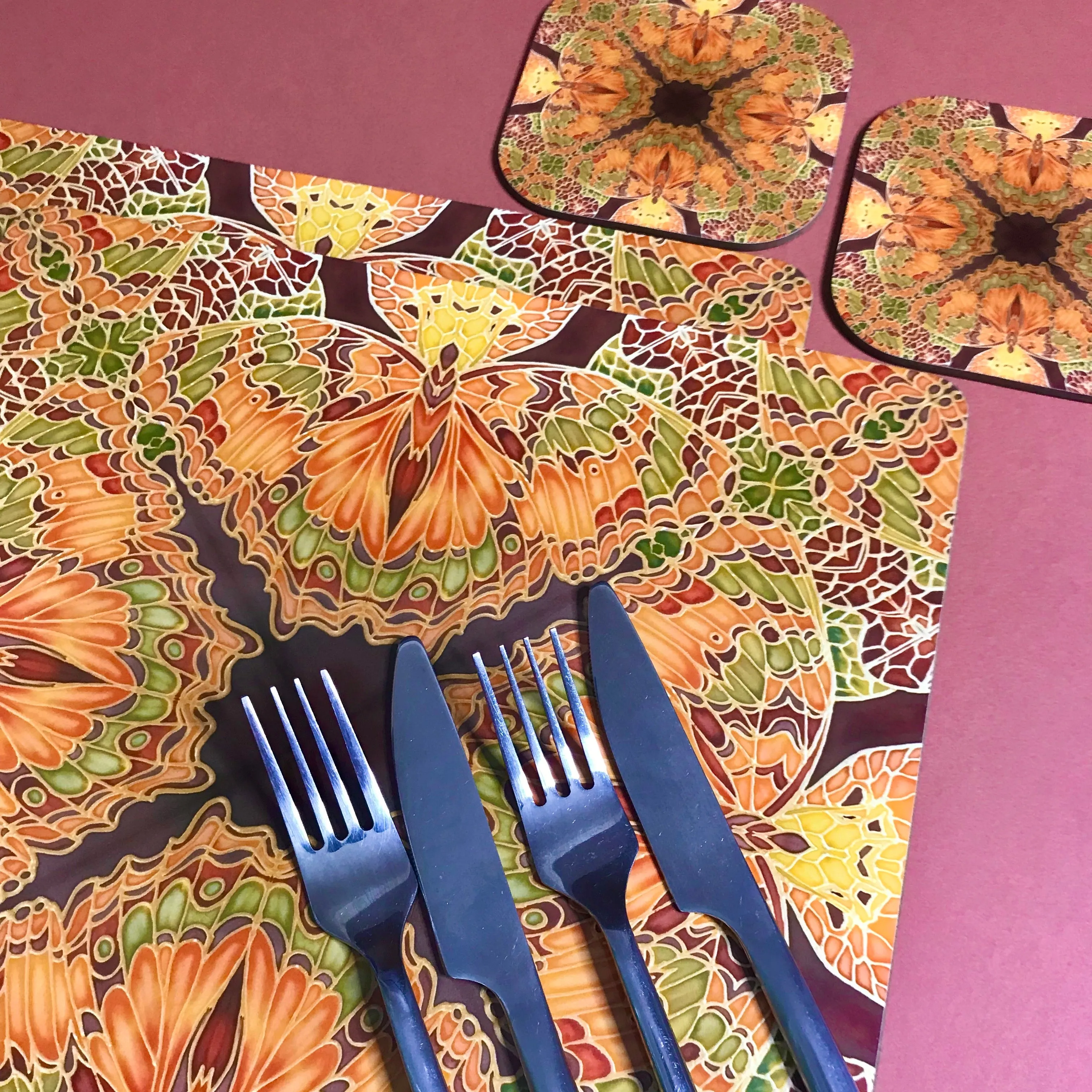 Green Caramel Kaleidascope Butterfly Table Mats & Coasters - Kaleidascope Butterfly Table Mats