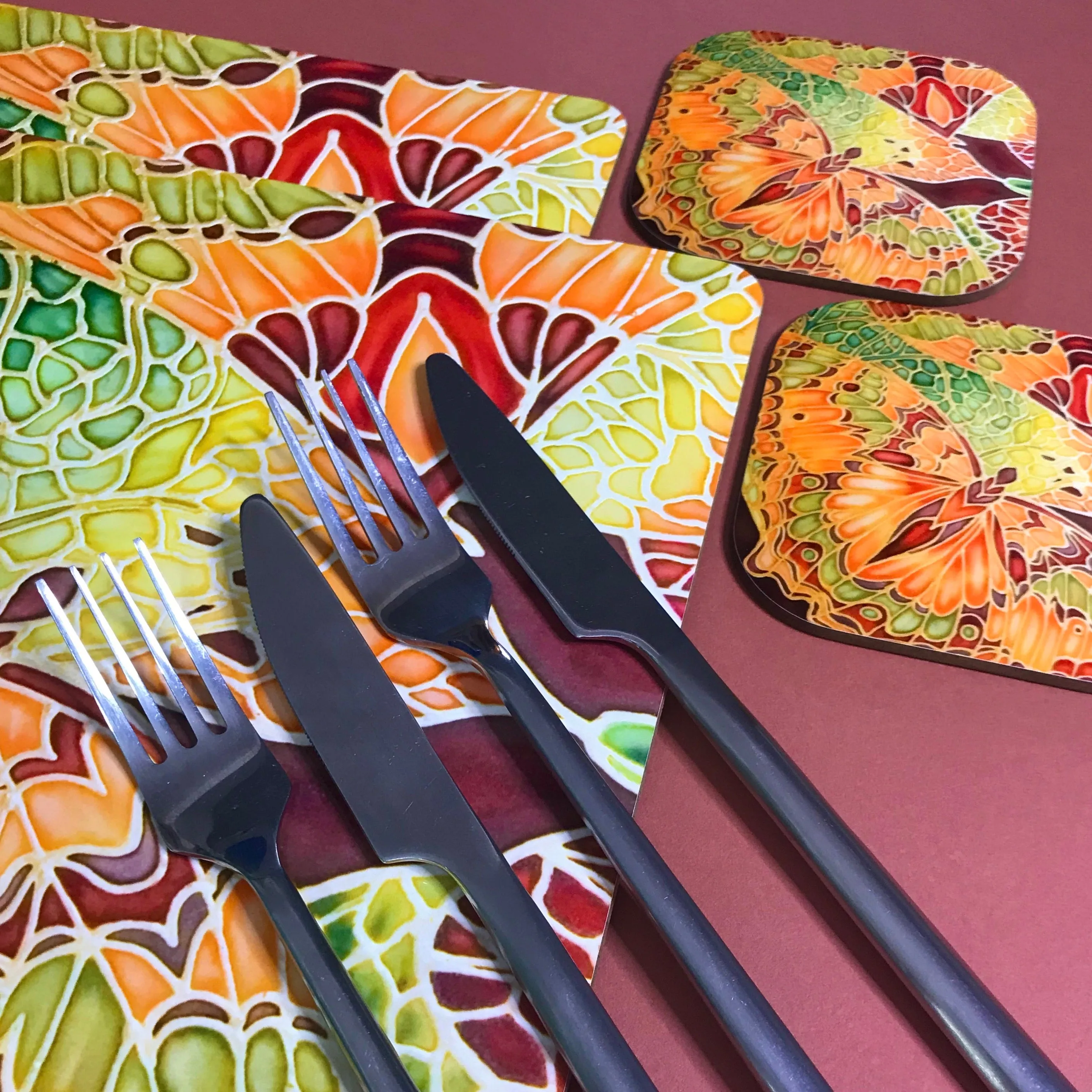 Green Caramel Kaleidascope Butterfly Table Mats & Coasters - Kaleidascope Butterfly Table Mats