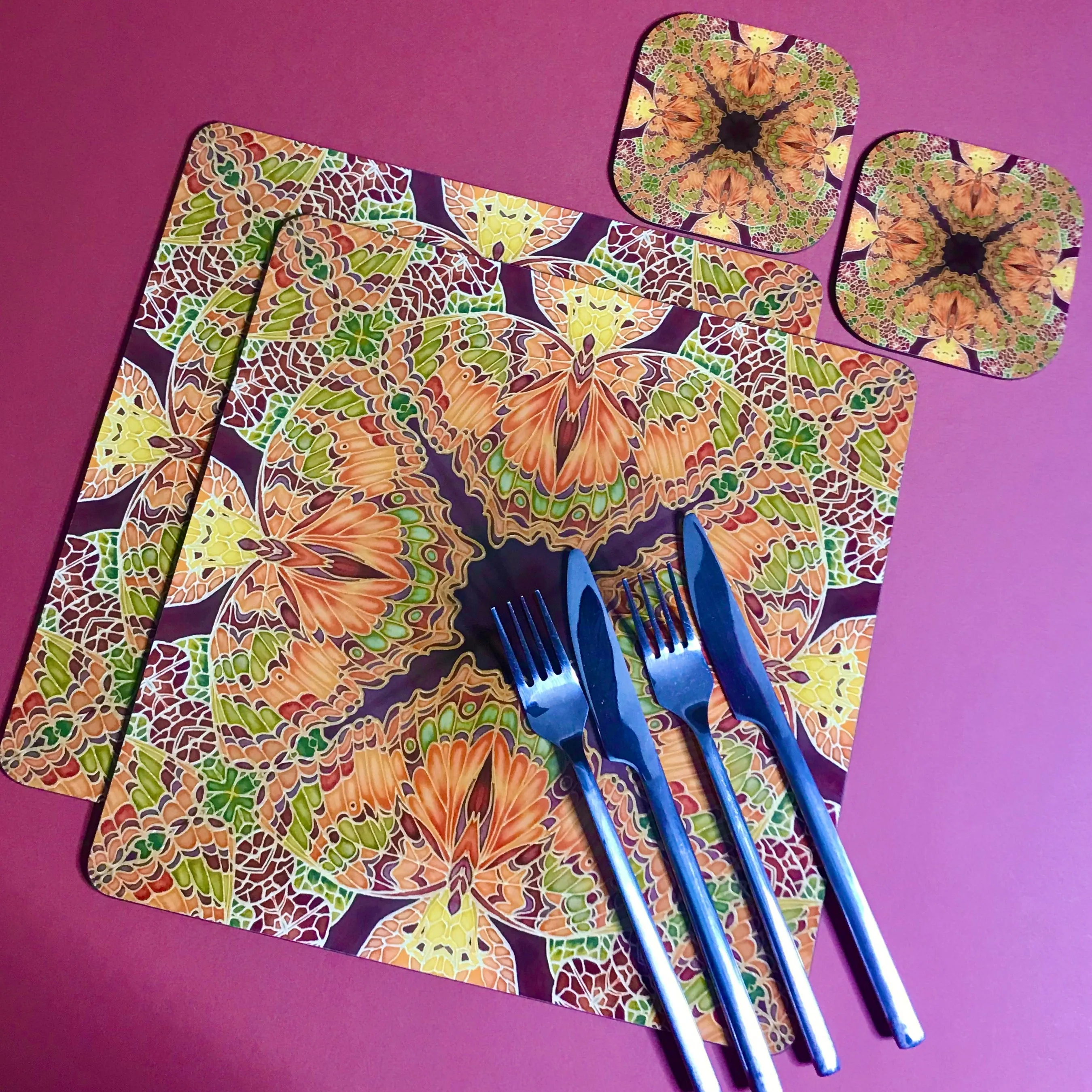 Green Caramel Kaleidascope Butterfly Table Mats & Coasters - Kaleidascope Butterfly Table Mats